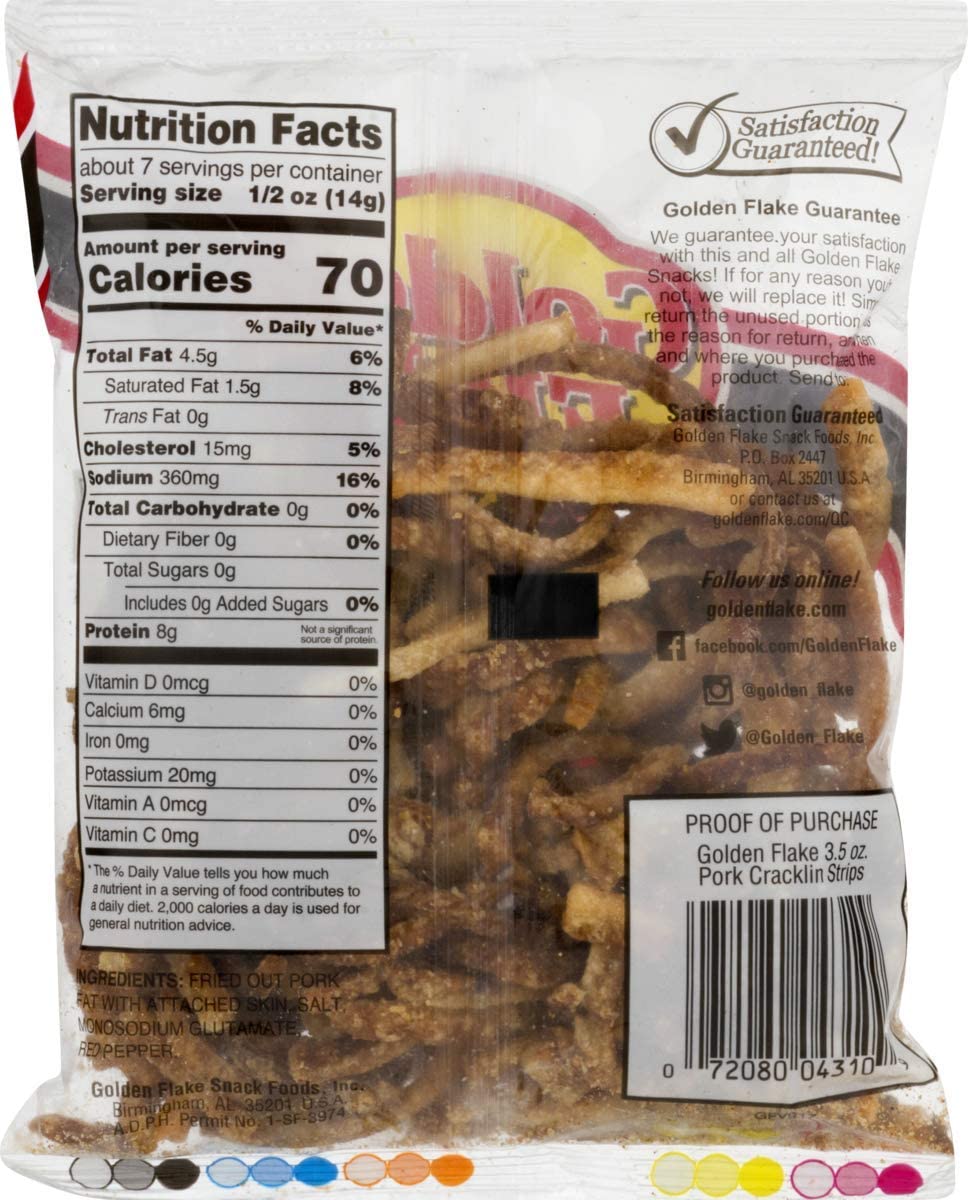 Golden Flake Fried Pork Cracklin Strips Mildly Seasoned With Red Pepper- 3.25 Oz. Bags (3 Bags)