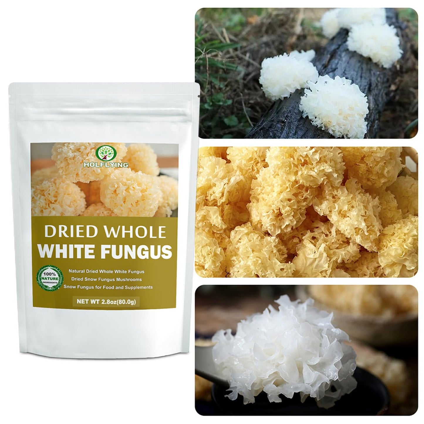 HOLFLYING Dried Whole White Fungus Mushrooms - All-Natural Tremella for Cooking - 2.8 oz