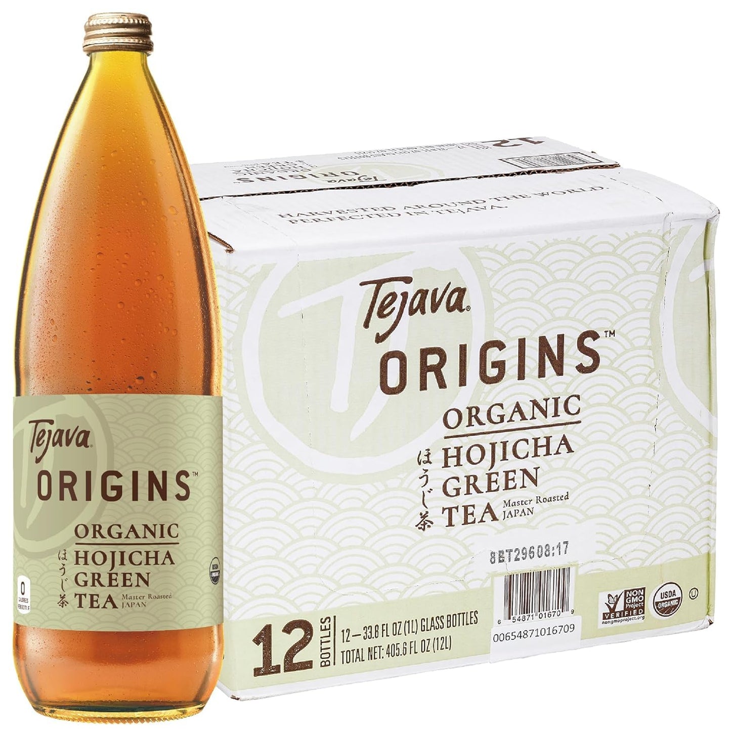 Tejava Origins Hojicha Green Iced Tea  12 Pack  1 Liter Glass Bottles  Unsweetened  USDA Organic  Non-GMO  Kosher  No Sugar or Sweeteners  Brewed in Small Batches
