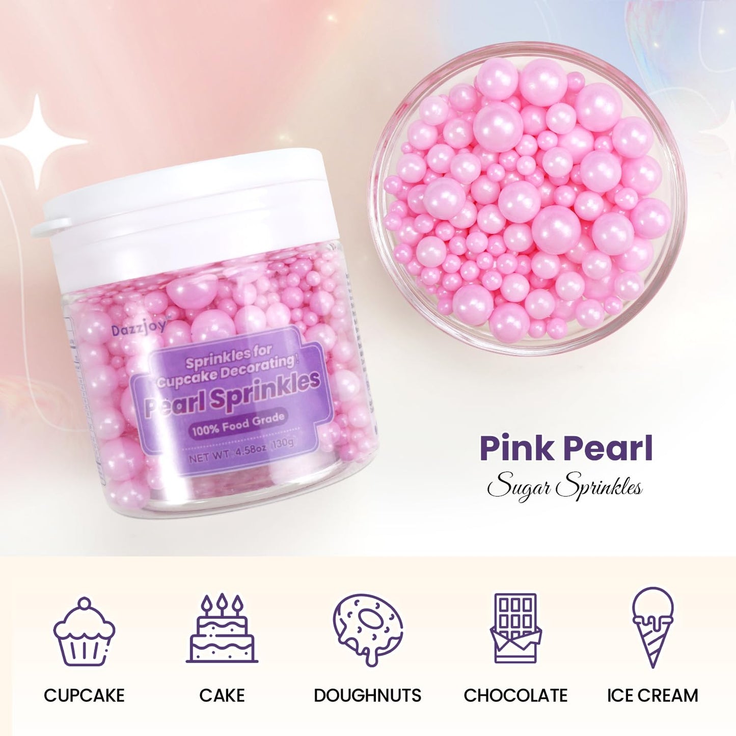 Dazzjoy Edible Pink Pearl Sprinkles, Pearl Sugar Sprinkles130G/4.58Oz, Cupcake Toppers Cake Decorations, Easter Wedding Party Va