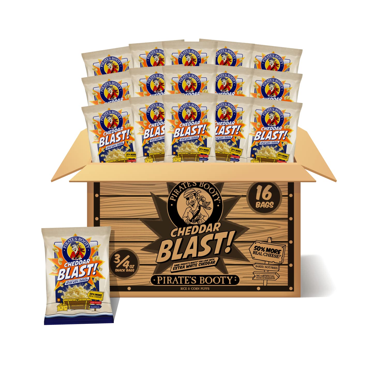 Pirates Booty Cheddar Blast Cheese Puffs, Gluten-Free, Kids Snacks, 0.75oz (16ct)
