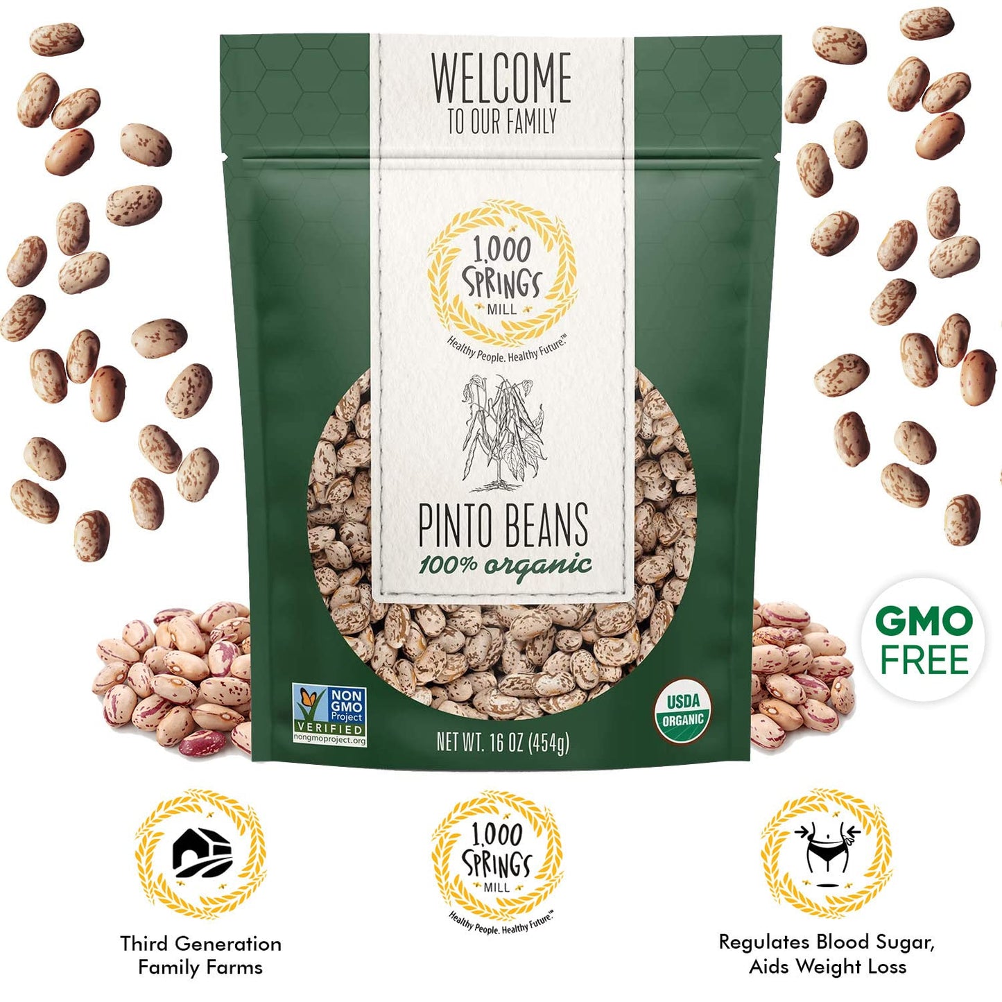 1000 Springs Mill - Organic Pinto Beans | Used For Soups, Stews, Dips, Chili, Burritos, Refried Beans And More | Bulk Dry Brown