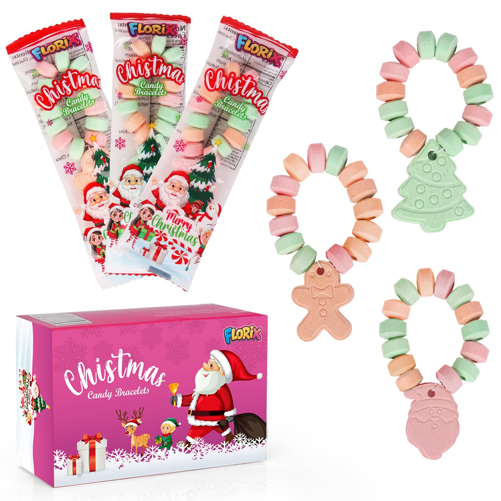 40 Pack Christmas Candy - Individually Wrapped Holiday Themed Candy Bracelets Bulk, Use for Stocking Stuffers(Santa, Christmas T