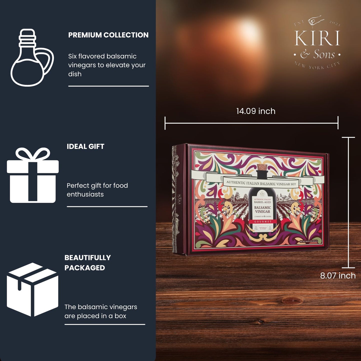 Kiri & Sons Balsamic Vinegar Gourmet Gift Set Of 6 - Premium Made In Italy, Natural Flavors Include Garlic, Chili, Fig, Basil, L