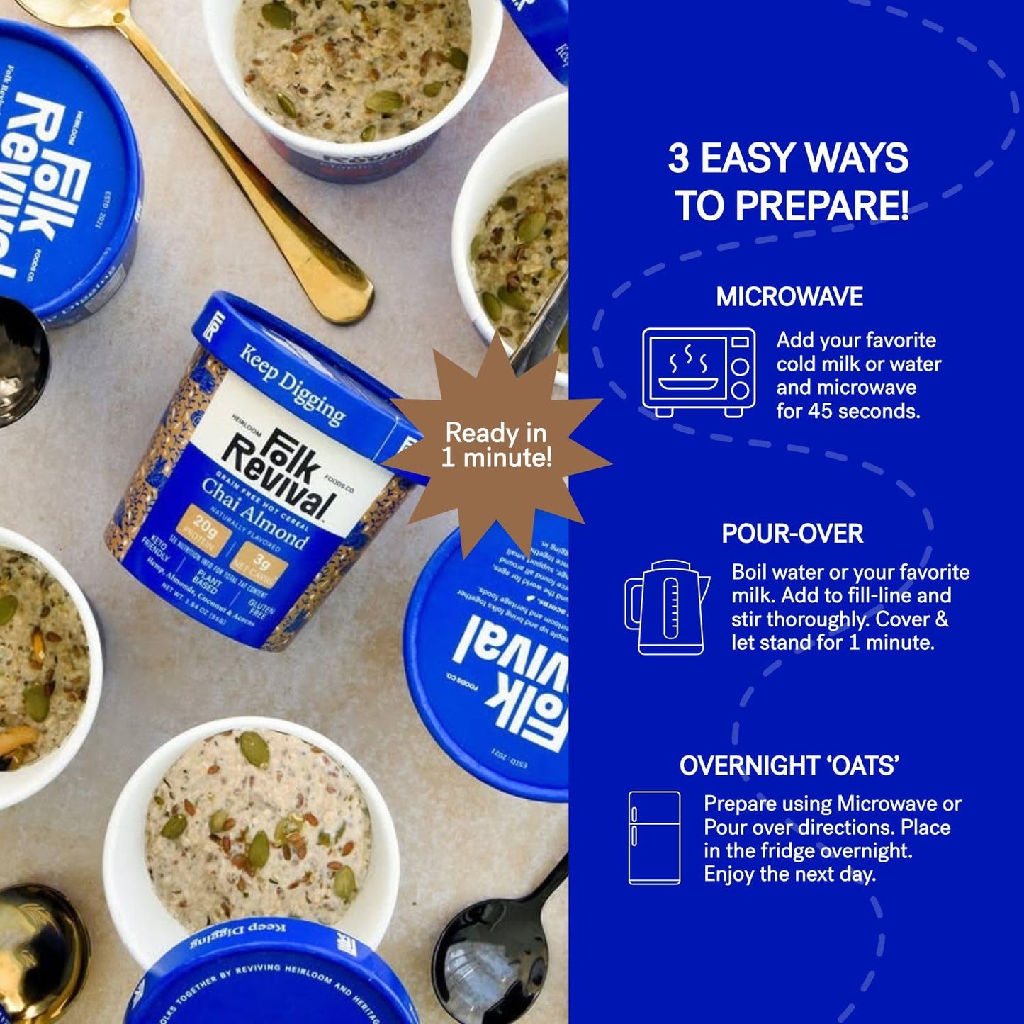 Folk Revival Chai Almond Keto Instant Oatmeal - 20g Protein, 4g Net Carbs, Gluten Free - 6 Cups Per Case, Brown