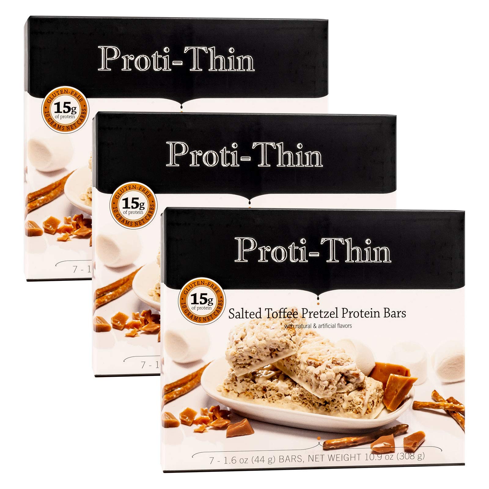 Proti-Thin Salted Toffee Pretzel Protein Bars, 15G Protein, Low Calorie, Very Low Carb (Vlc), Low Fat, High Fiber Snack, Keto Di