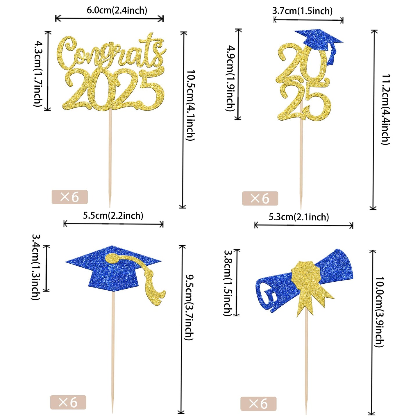 24 Pcs 2025 Graduation Theme Cupcake Toppers Blue Gold Glitter Class Of 2025 Cupcake Picks Diploma Grad Cap Cake Decorations For