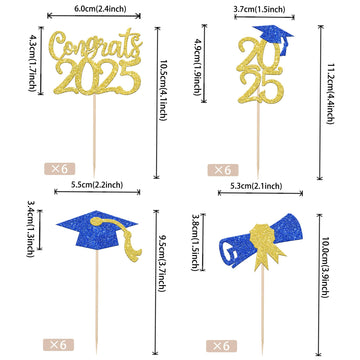 24 Pcs 2025 Graduation Theme Cupcake Toppers Blue Gold Glitter Class Of 2025 Cupcake Picks Diploma Grad Cap Cake Decorations For