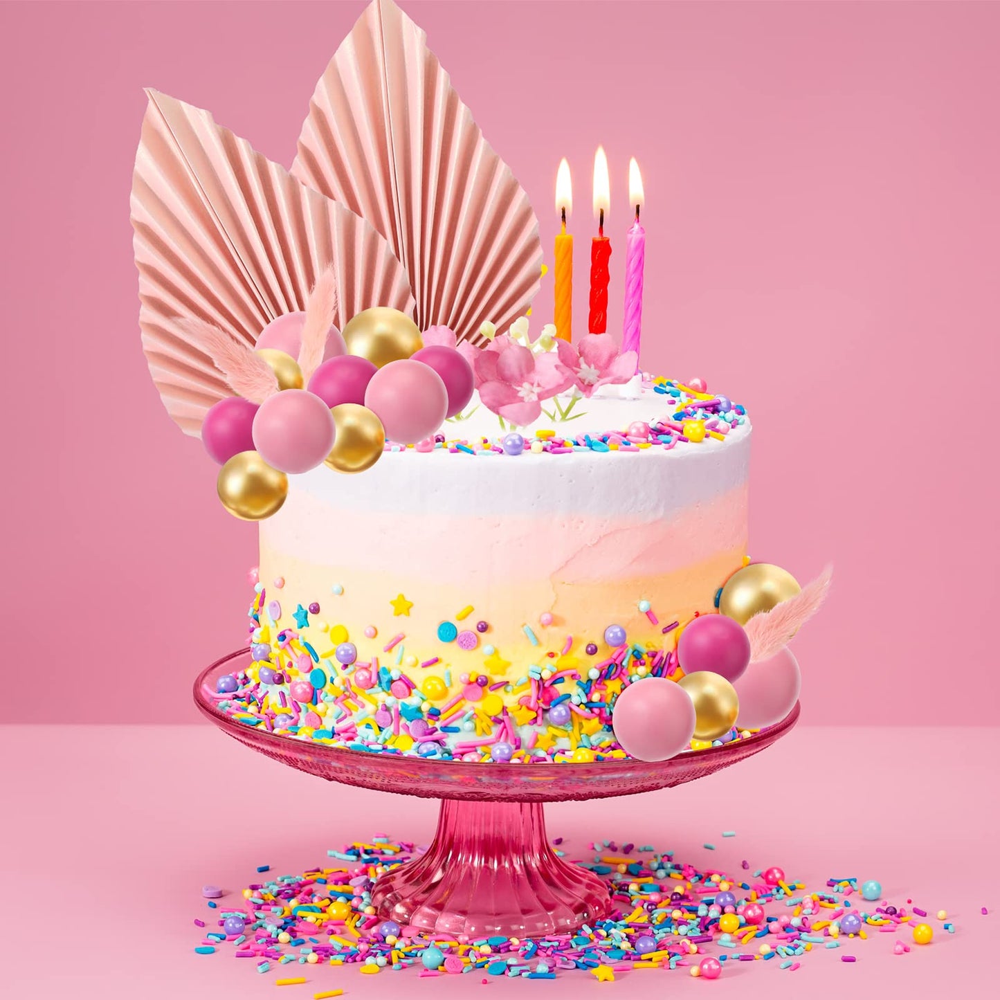 Fumete Boho Cake Topper Set, 53 Pcs Foam Balloons & Palm Leaves, Pink & Gold for Baby Shower, Birthday, Wedding Cake Decoration