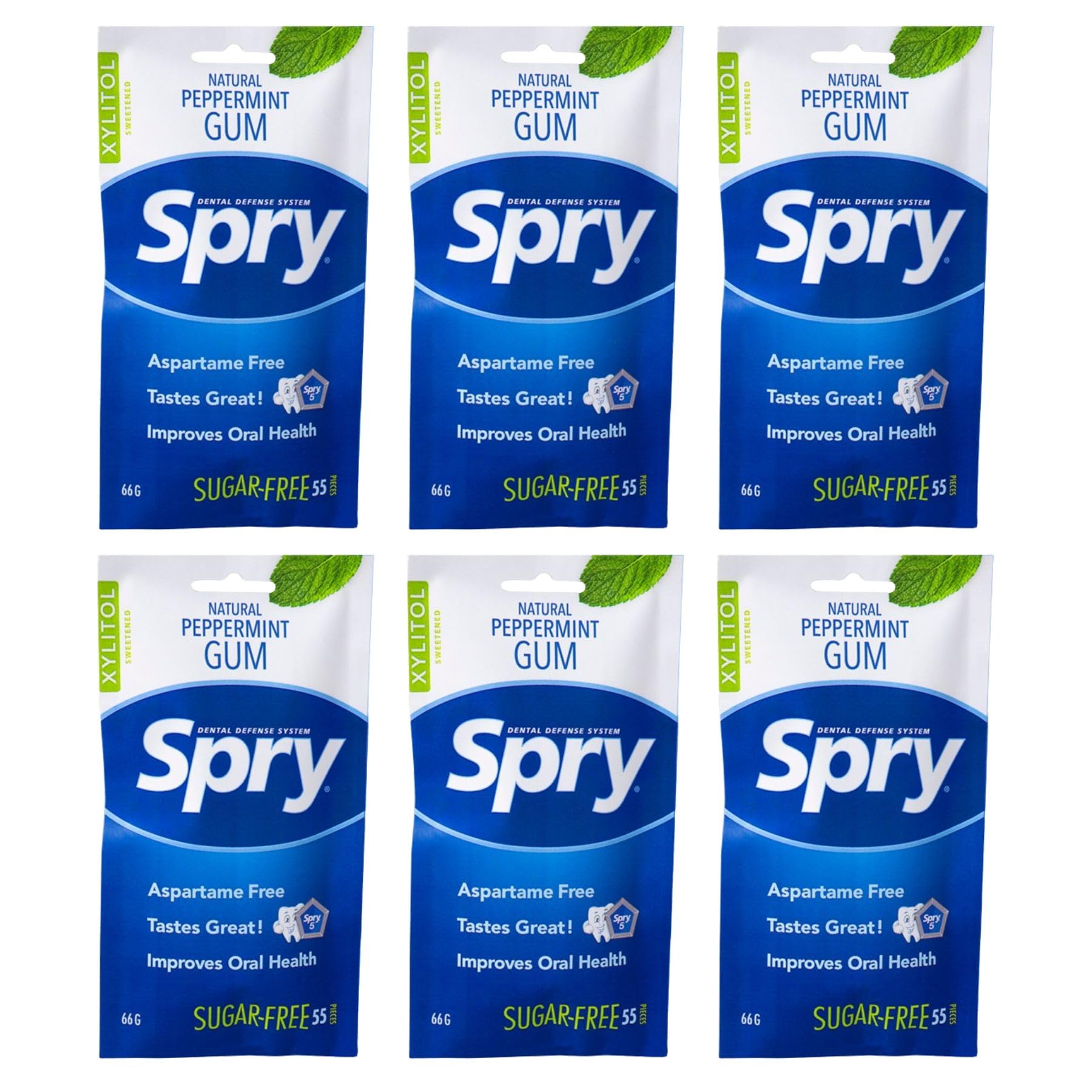 Spry Xylitol Chewing Gum - Aspartame-Free, Sugar-Free, Non-GMO, Peppermint, 55 Count (Pack of 6)