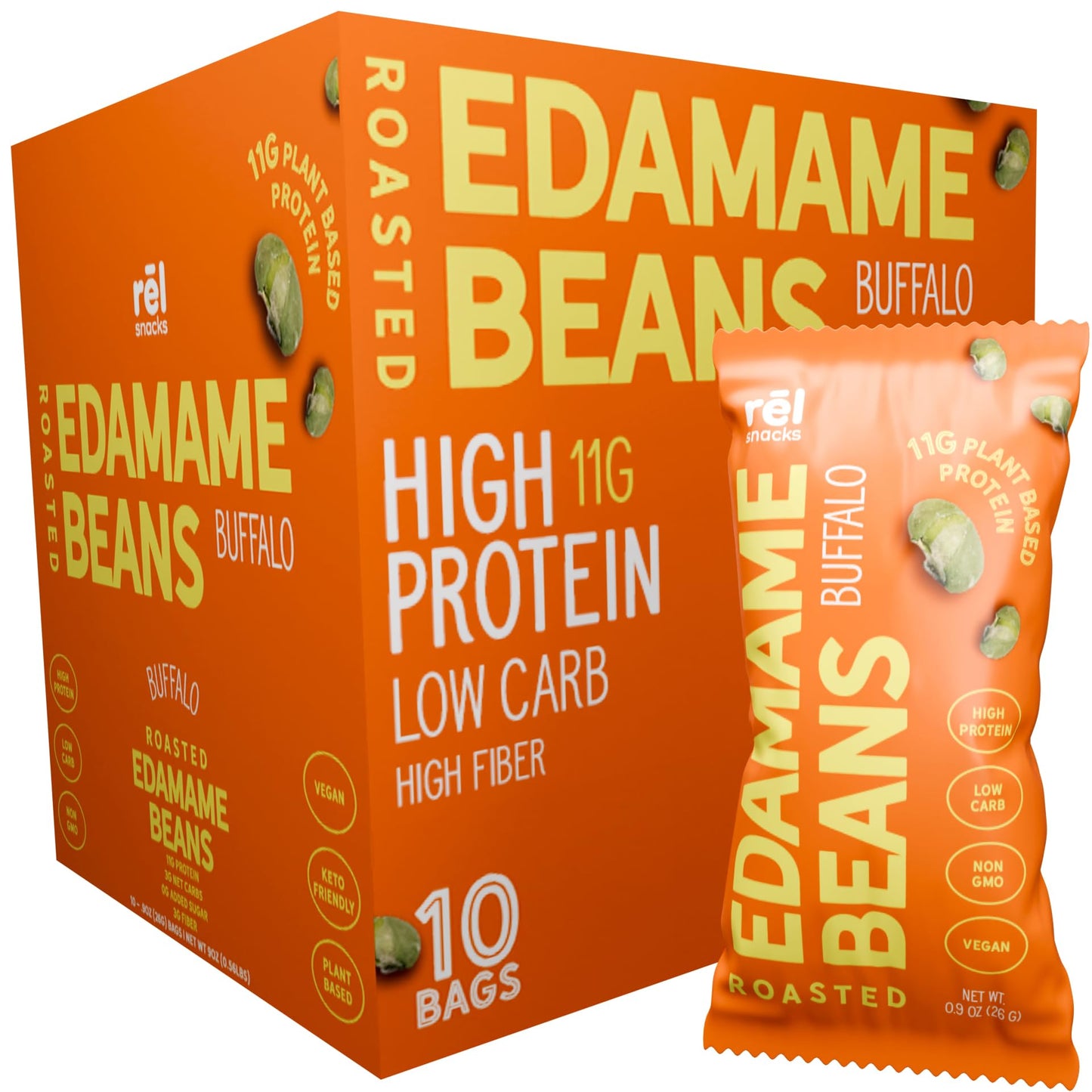Rel Snacks Buffalo Roasted Edamame - High Protein Low Carb Snack (11g Protein per Serving) - Keto-Friendly, Vegan, Non-GMO - 10-
