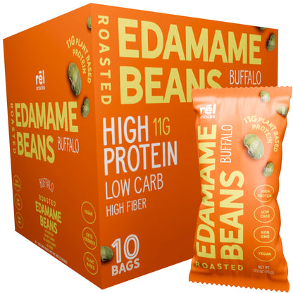 Rel Snacks Buffalo Roasted Edamame - High Protein Low Carb Snack (11g Protein per Serving) - Keto-Friendly, Vegan, Non-GMO - 10-