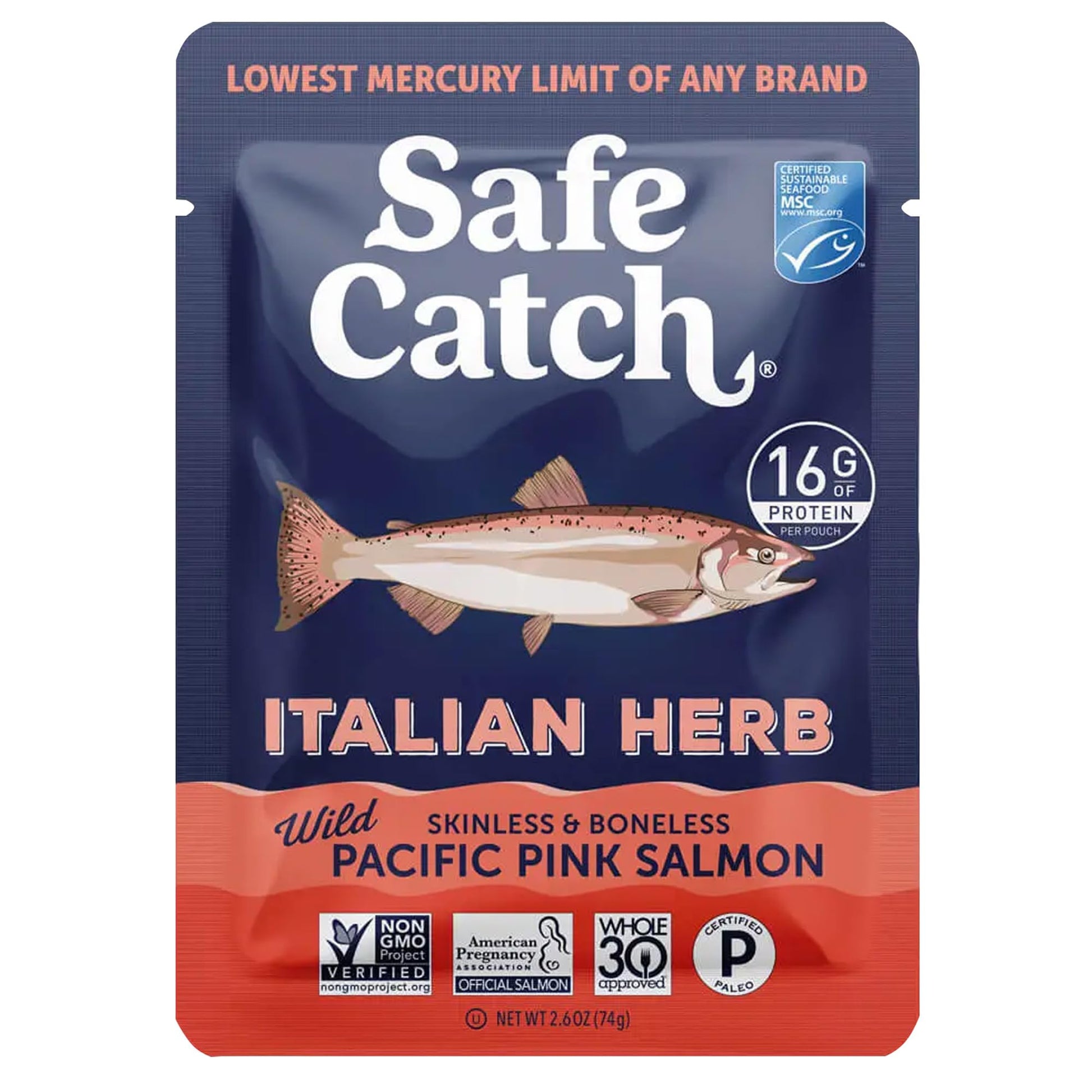 Safe Catch Skinless And Boneless Wild Pacific Pink Salmon Pouch, Italian Herb Seasoned, Mercury Tested, Kosher, 2.6Oz Pouches, P