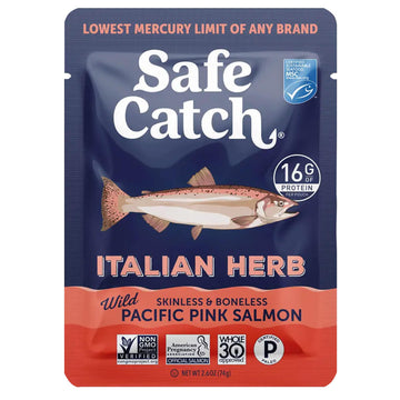 Safe Catch Skinless And Boneless Wild Pacific Pink Salmon Pouch, Italian Herb Seasoned, Mercury Tested, Kosher, 2.6Oz Pouches, P