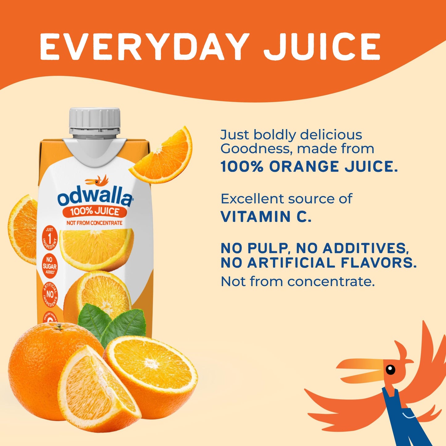 Odwalla Orange Juice  No Pulp - 100% Pure Orange Juice  Pulp Free - Vitamin C - No Added Sugar  No Artificial Ingredients  No Preservatives - 16 fl oz of OJ (12 Pack)