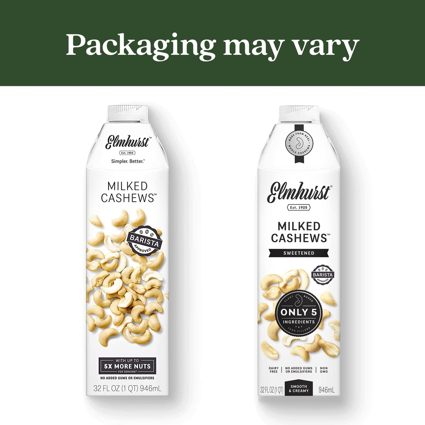 Elmhurst Cashew Milk - Dairy-Free, Vegan, Gluten-Free - 32 Ounce (Pack of 6)