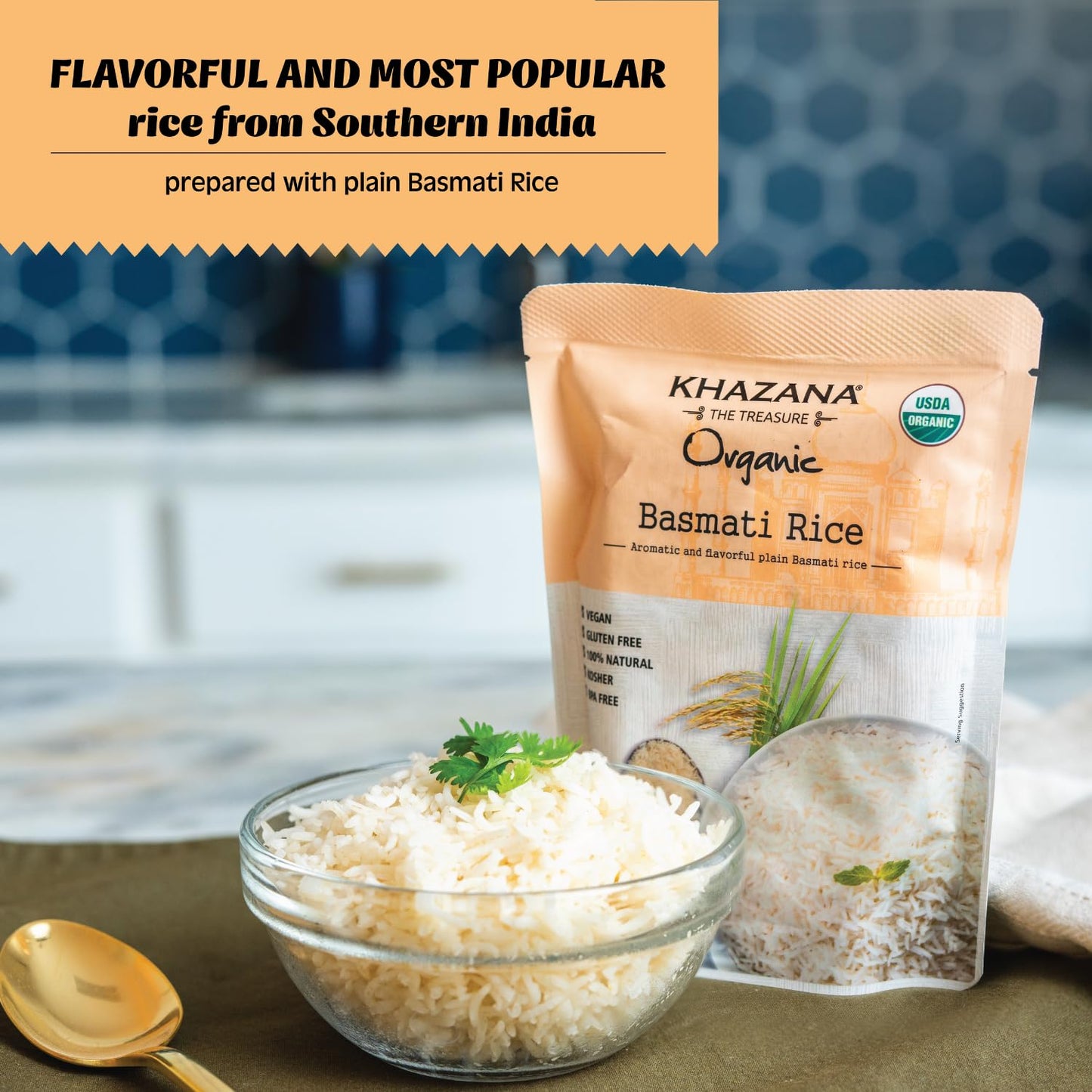 Khazana Organic Basmati Rice - Ready To Heat (1-Pack, 8.8Oz) - Authentic, Aromatic & Flavorful Indian Grain - Non-Gmo, Vegan, Gl