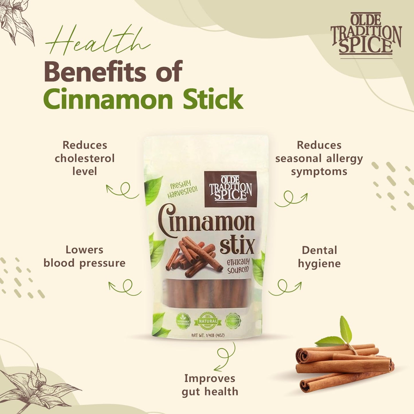 Olde Tradition Spice Organic Cinnamon Sticks Whole 4 Sticks, 4 oz - Ethically Sourced for Cooking, Drink & Crafting