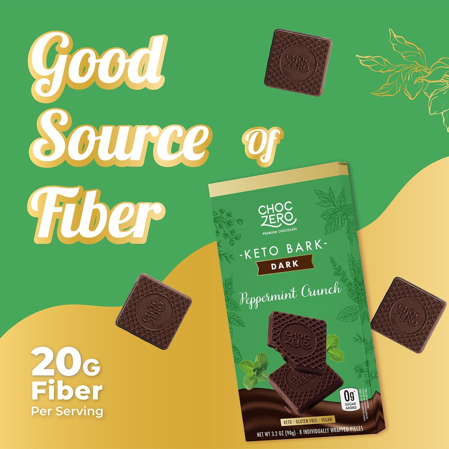 Choczero Peppermint Crunch Keto Bark, Dark Chocolate Candy Bar, Sugar Free, Vegan, Gluten Free, 3.2 Ounce (Pack Of 4)