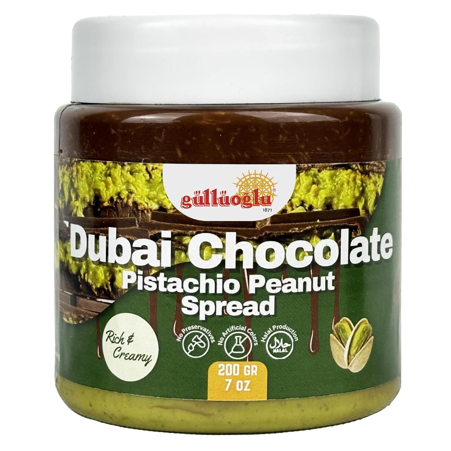 Gulluoglu Dubai Chocolate Pistachio Peanut Spread - Rich & Creamy Middle Eastern Chocolate Paste With Roasted Pistachios & Peanuts  7 Oz (200G) Jar - Gourmet Halal Dessert