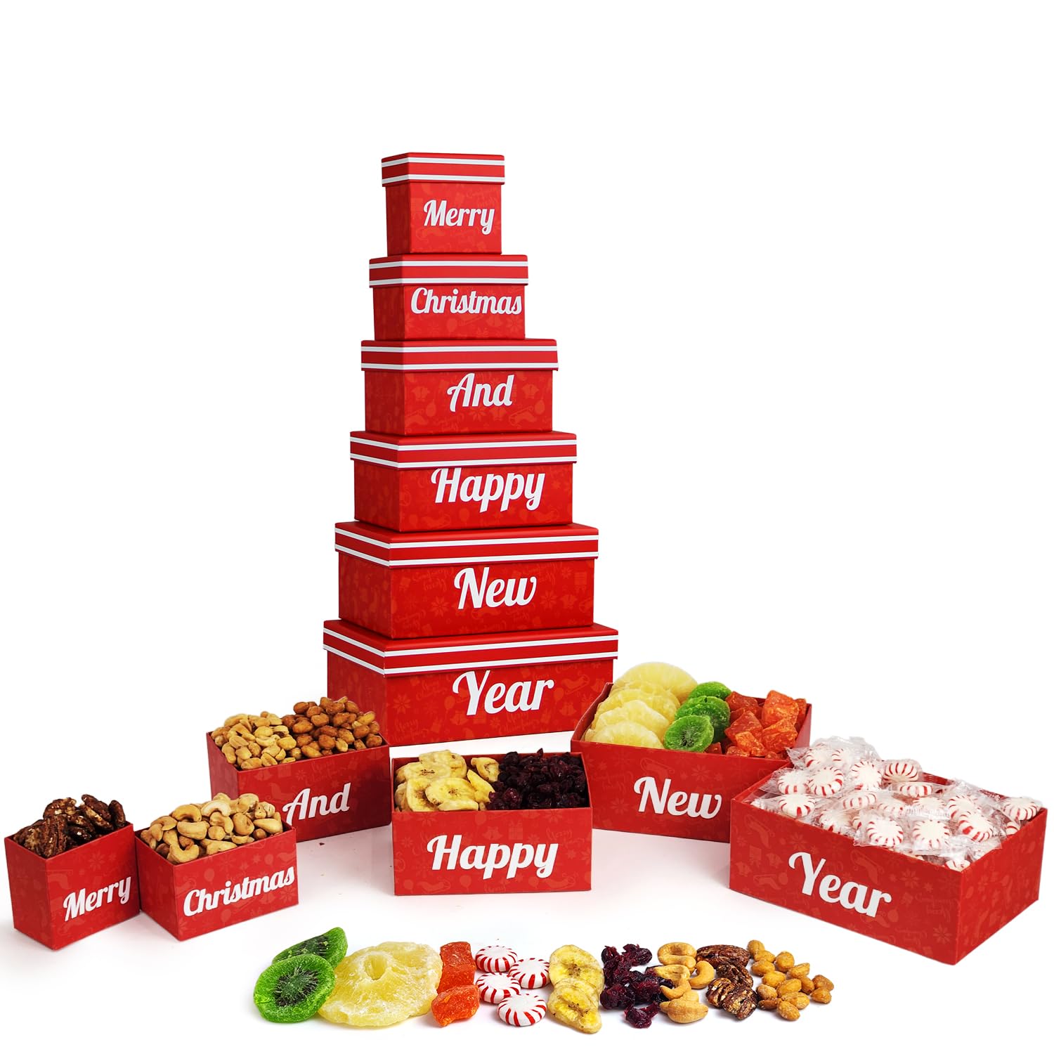 Merry Christmas And Happy New Year 6 Tier Indulgence Gift Basket Tower With Dried Fruits & Nuts - Gourmet Food Present For Men &