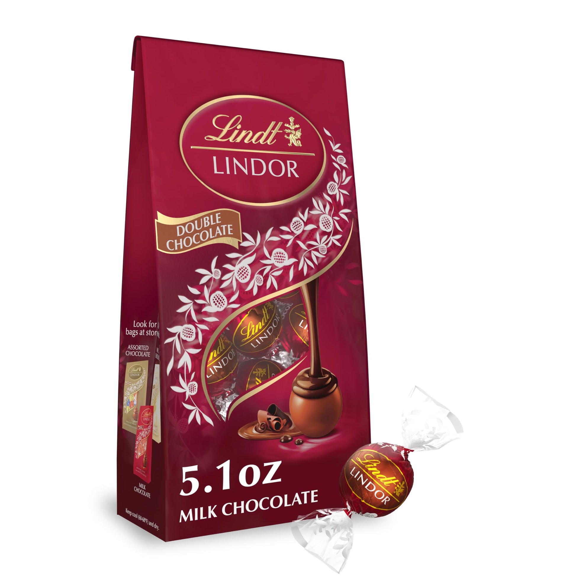 Lindt Lindor Double Chocolate Milk Chocolate Candy Truffles, Milk Chocolate With Smooth, Melting Truffle Center, 5.1 Oz. Bag