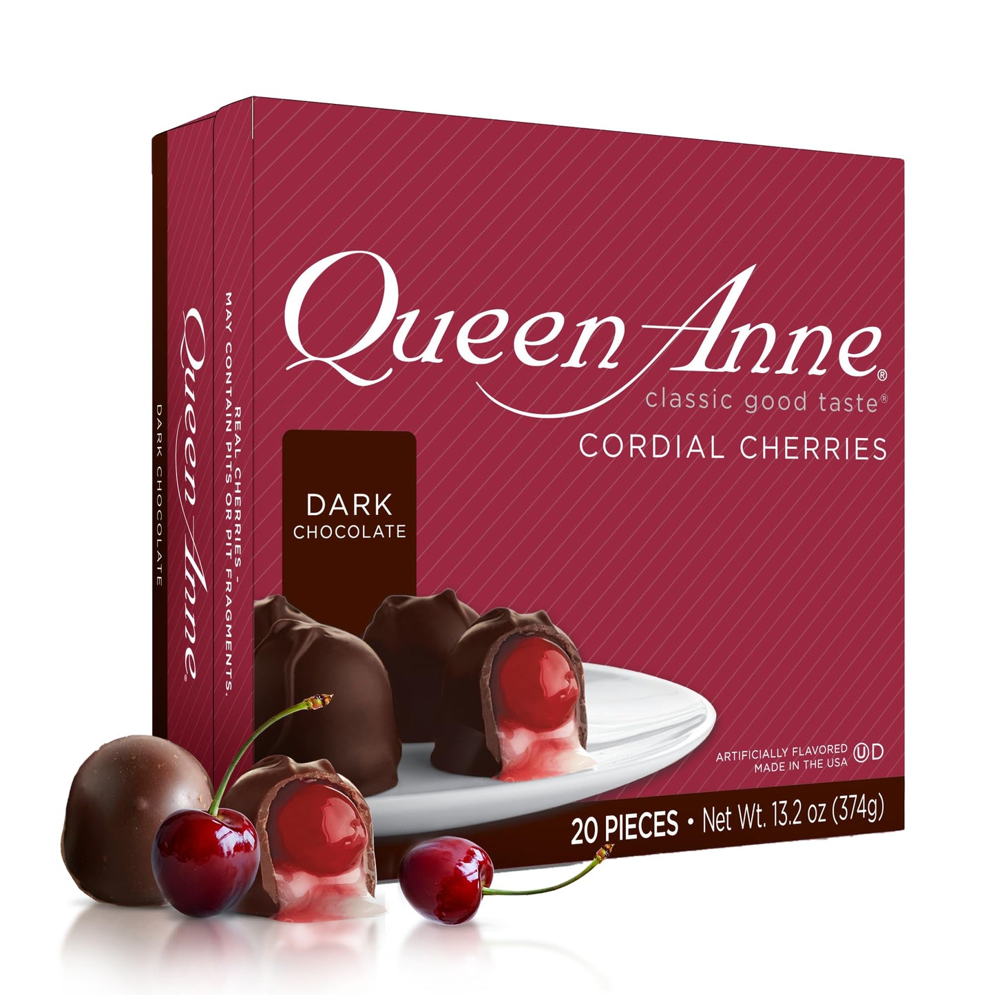 Queen Anne Dark Chocolate Covered Cordial Cherries | 13.2 oz | 20 Piece Gift Box | Whole Maraschino Cherry Creamy Filled Liquid 