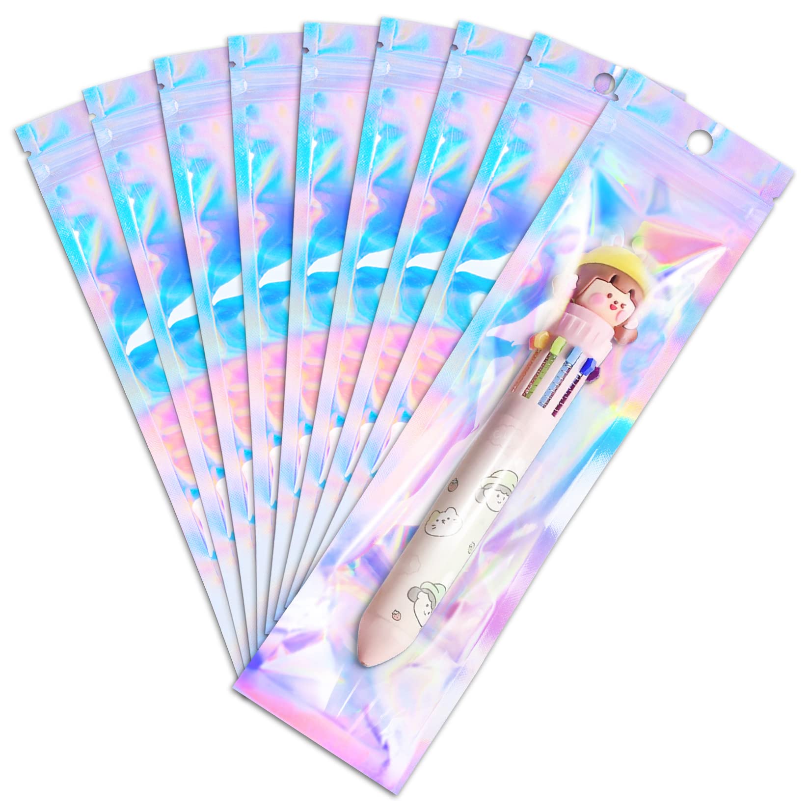 Anznku 50 Pcs 2.4'' X 9'' Pen Bags Holographic Bags Pen Packaging Bags Resealable Smell Proof Bags For Party Favor Food Storage,
