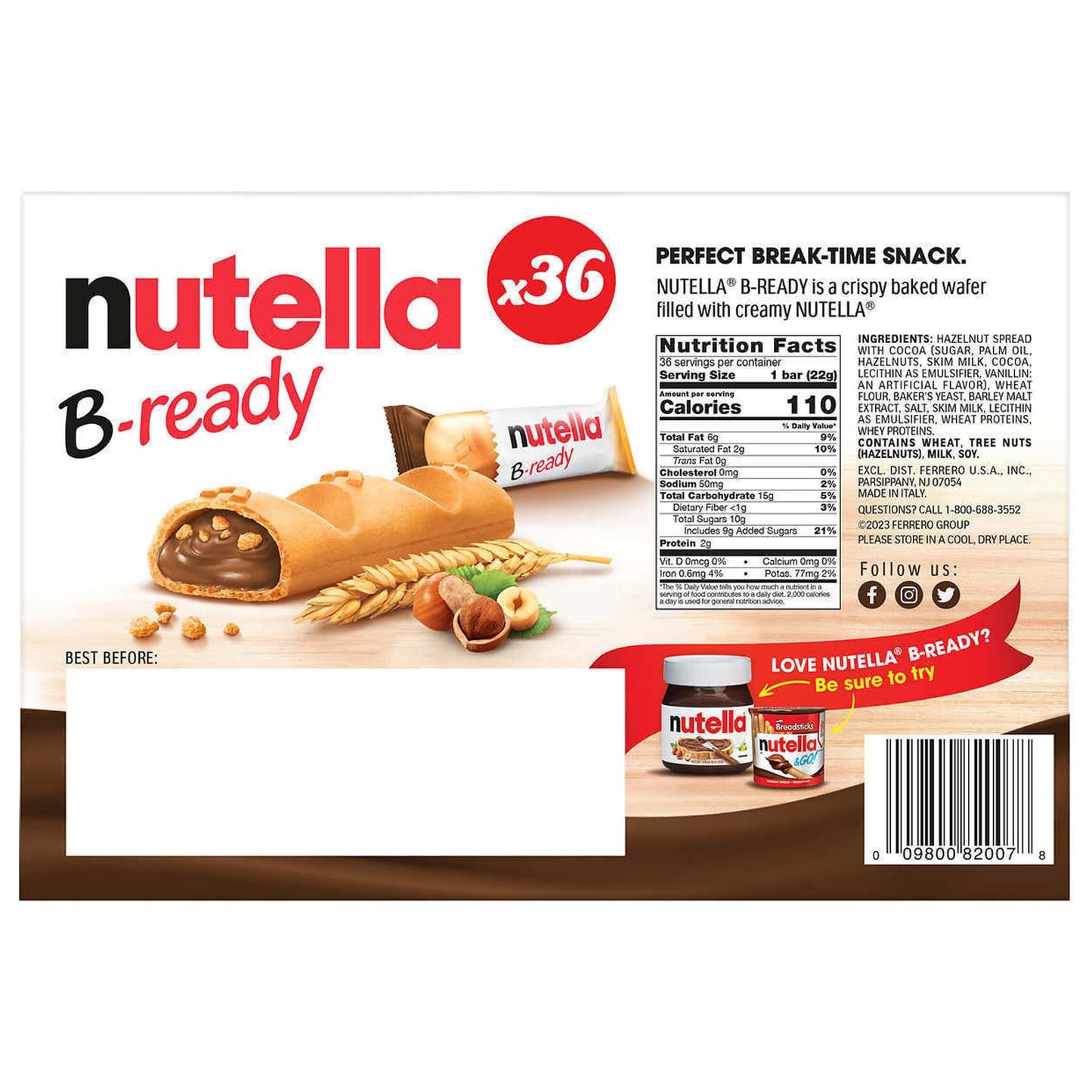 B-Ready Crispy Wafer Bars - 36 Count + Bonus Mini Glass Jar (0.88 Oz) - Delicious Nutella Spread With Hazelnut And Cocoa - Perfe