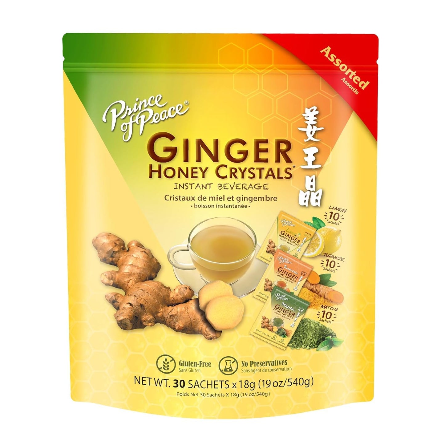 Prince Of Peace Instant Ginger Honey Crystals, Assorted Flavors, 30 Sachets, Easy to Brew, Gluten Free