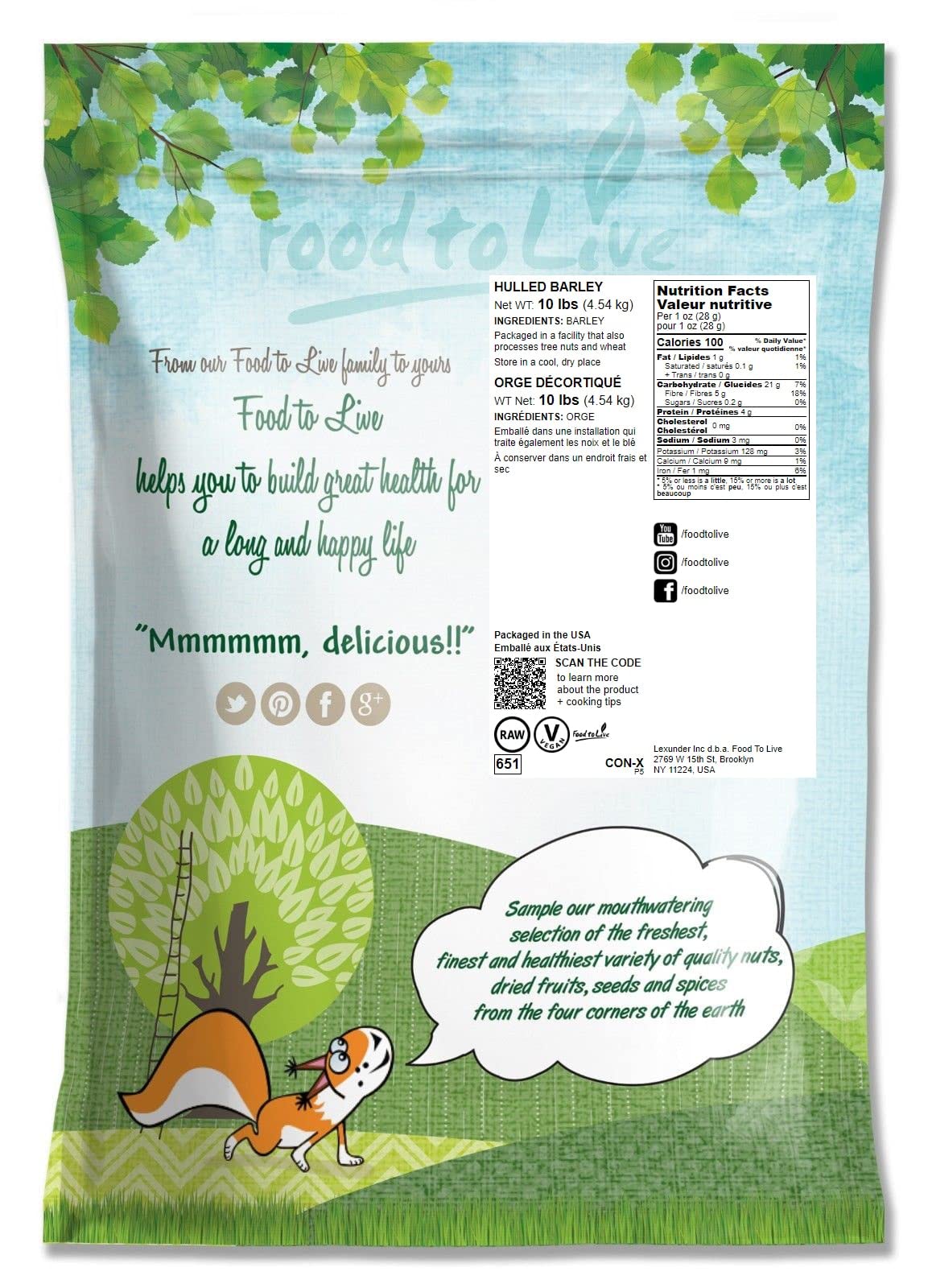 Food to Live Hulled Barley Grain, 100% Whole Grain, Vegan, 10 Pounds