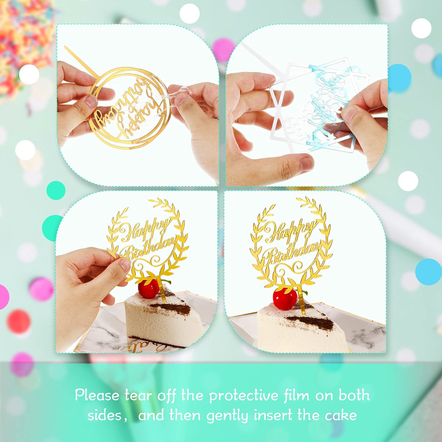 Macarrie 40 Pcs Birthday Cake Topper Set, Gold Acrylic Glitter Decor, 20 Different Shapes