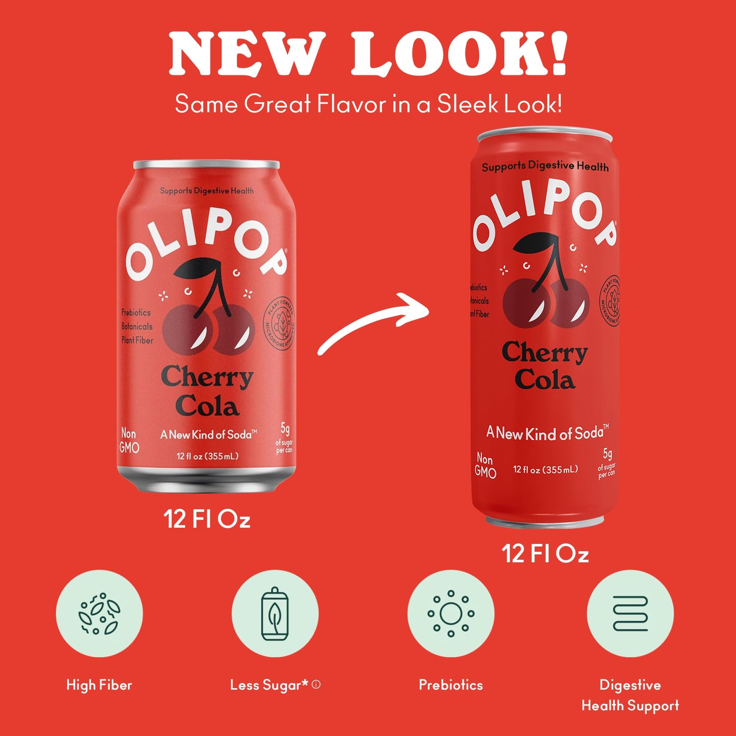 OLIPOP Prebiotic Soda Pop, Cherry Cola, 12oz (Pack of 12), Gluten Free, Vegan, Packed with Prebiotics and Fiber