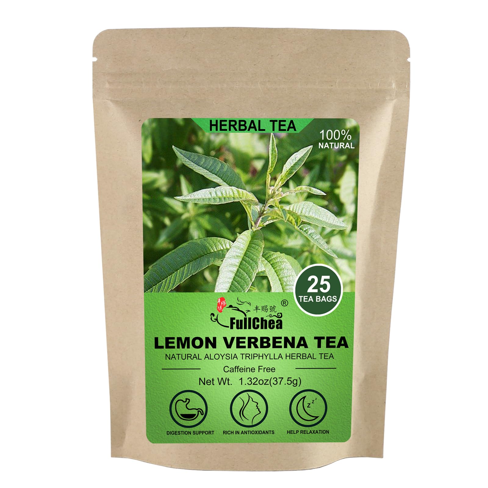 FullChea Lemon Verbena Tea - Premium Caffeine-Free Herbal Tea, 25 Count