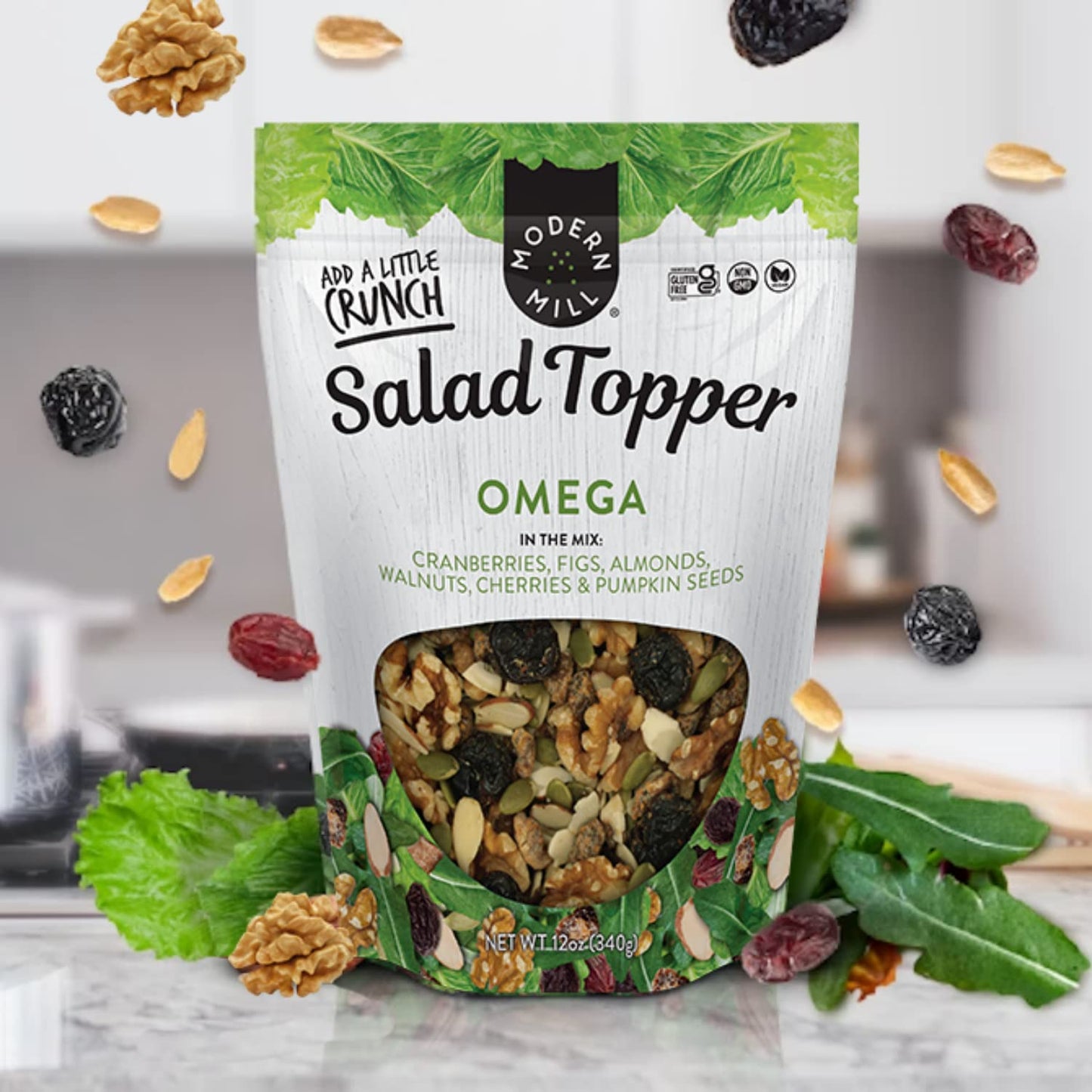 Modern Mill Omega Mixed Salad Topper By Gourmet Nut - Dried Cranberries, Figs, Roasted Sliced Almonds, Walnuts, Cherries & Pumpk