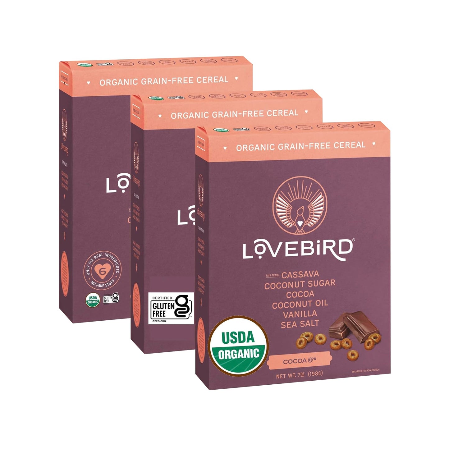 Lovebird Gluten Free Cereal Cacao 3 Pack - Organic Grain Free Cereals Paleo Aip Dairy Free Keto Friendly No Refined Sugar Health