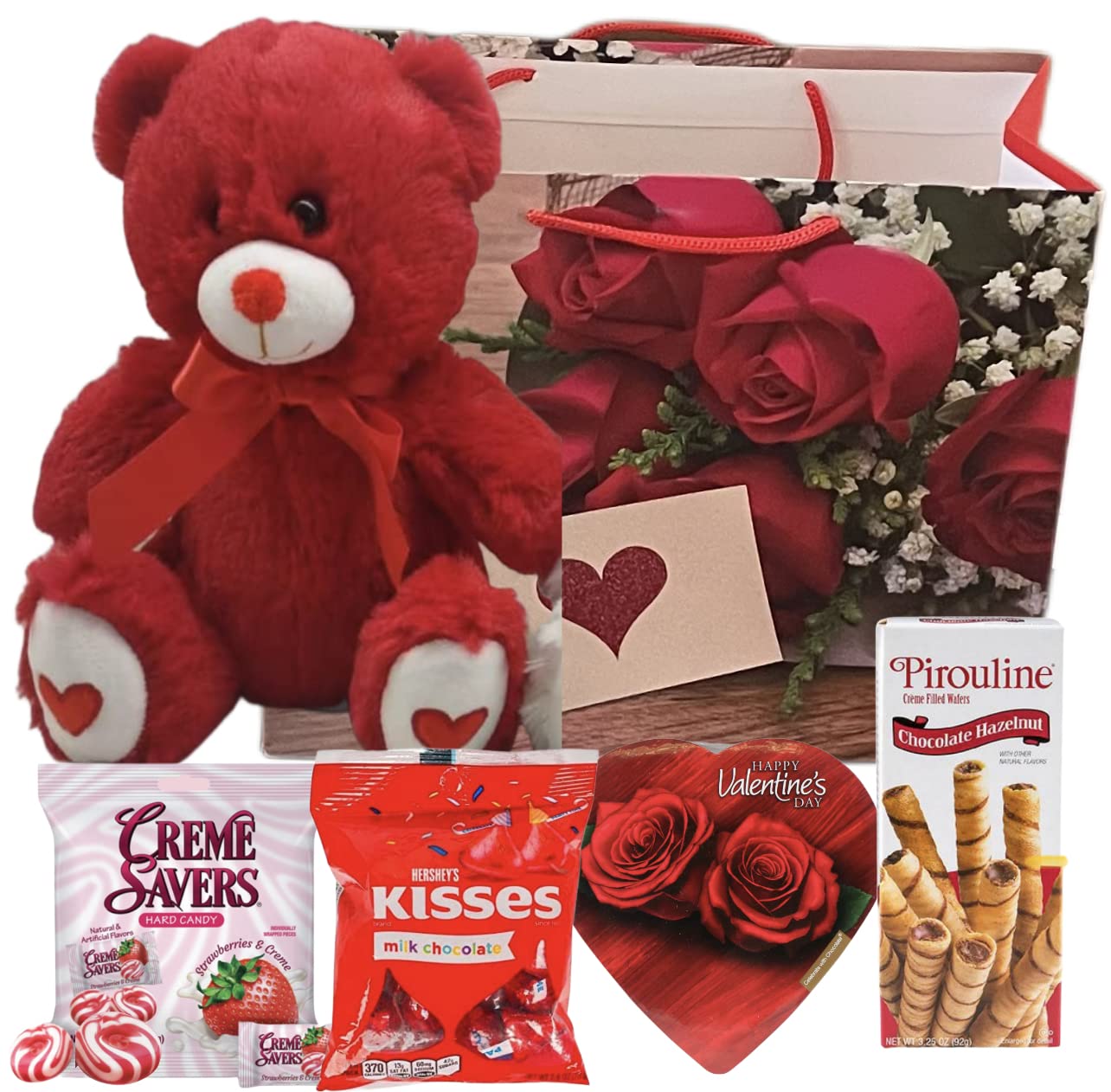 Valentines Day Gift Basket Set | Teddy Bear Plush (Color Varys), Creme Savers Hard Candy, Individually Wrapped, Hershey Kisses Milk Chocolate, Heart Shape Elmer Chocolates Dark Chocolate Or Hazelnut Pirouline Wafers, & Valentine Bag (Design Varies |