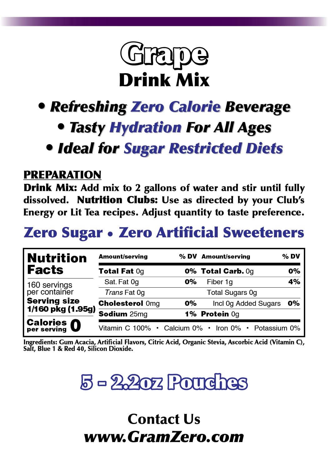 Gramzero Grape Sugar Free Drink Mix Sports Pack, Great For Nutrition Club Loaded Teas, Zero Calorie, Stevia Sweetened