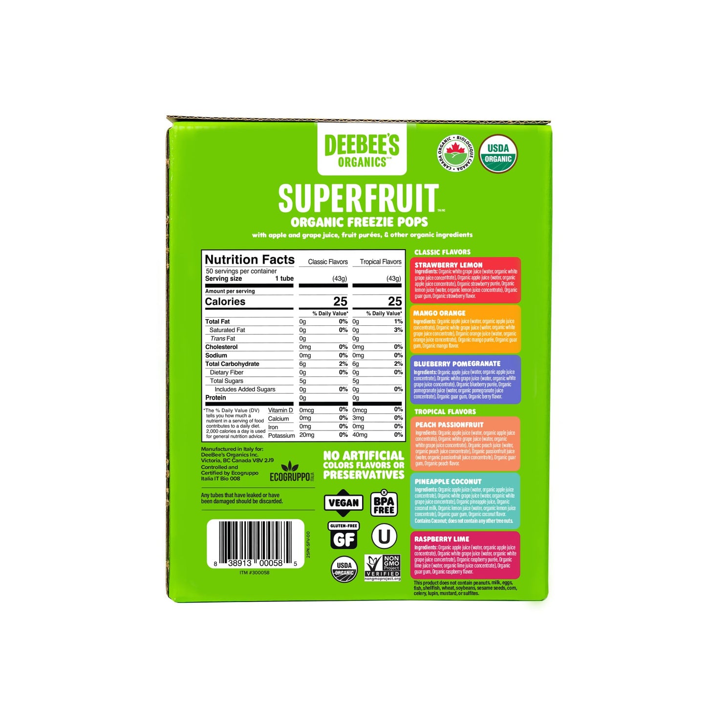 DeeBees Organics SuperFruit Freezie Variety Pack, 100% Real Fruit Freezer Pops, No Added Sugar, 50 Count