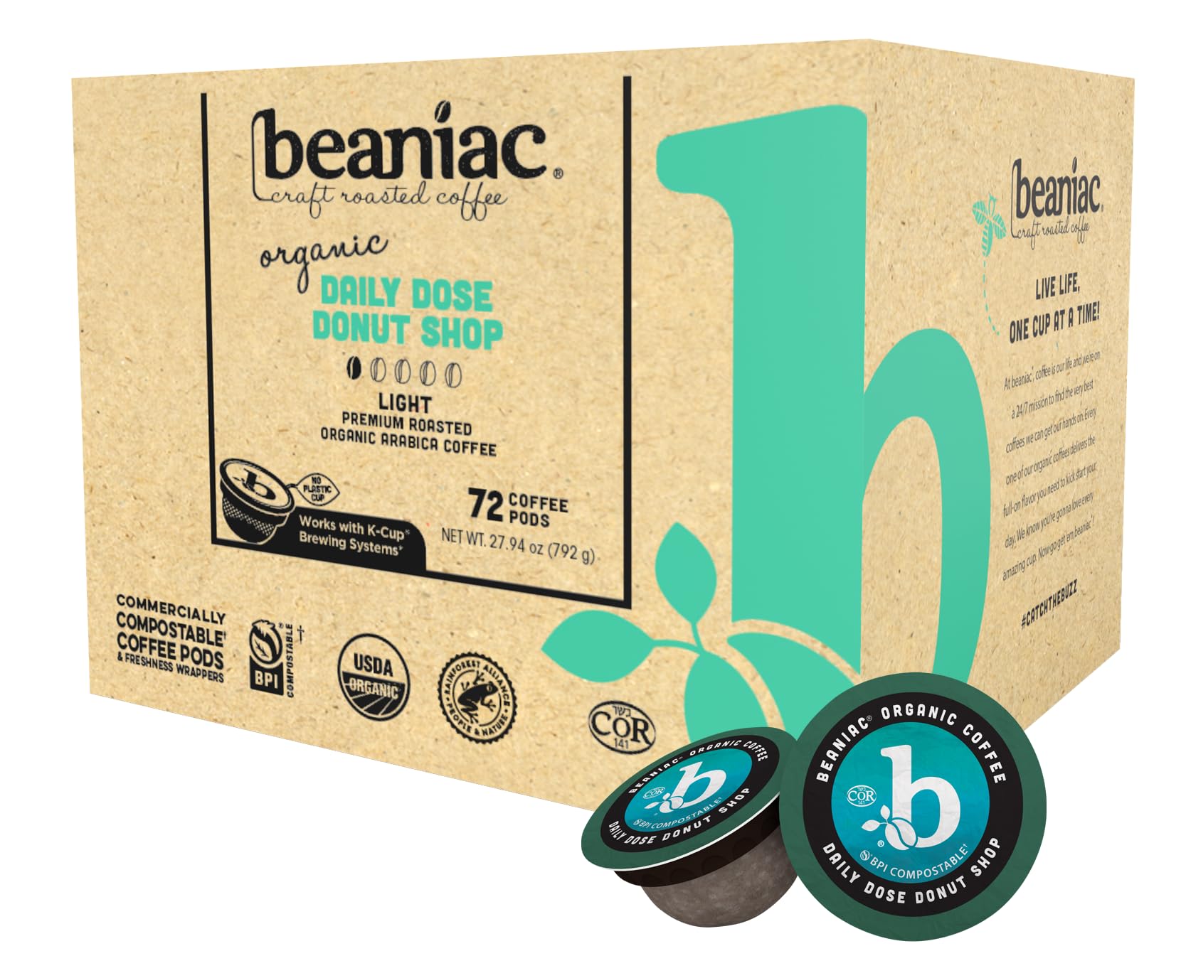 beaniac Organic Light Roast Coffee Pods, Single Serve Compostable K-Cups, 72 Count
