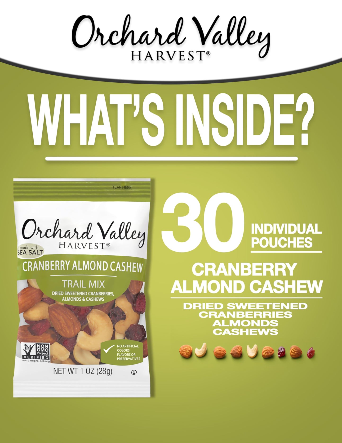 Orchard Valley Harvest Cranberry Almond Cashew Trail Mix, 1 Oz (Pack Of 30), Cranberries, Almonds, And Cashews, Non-Gmo, No Arti
