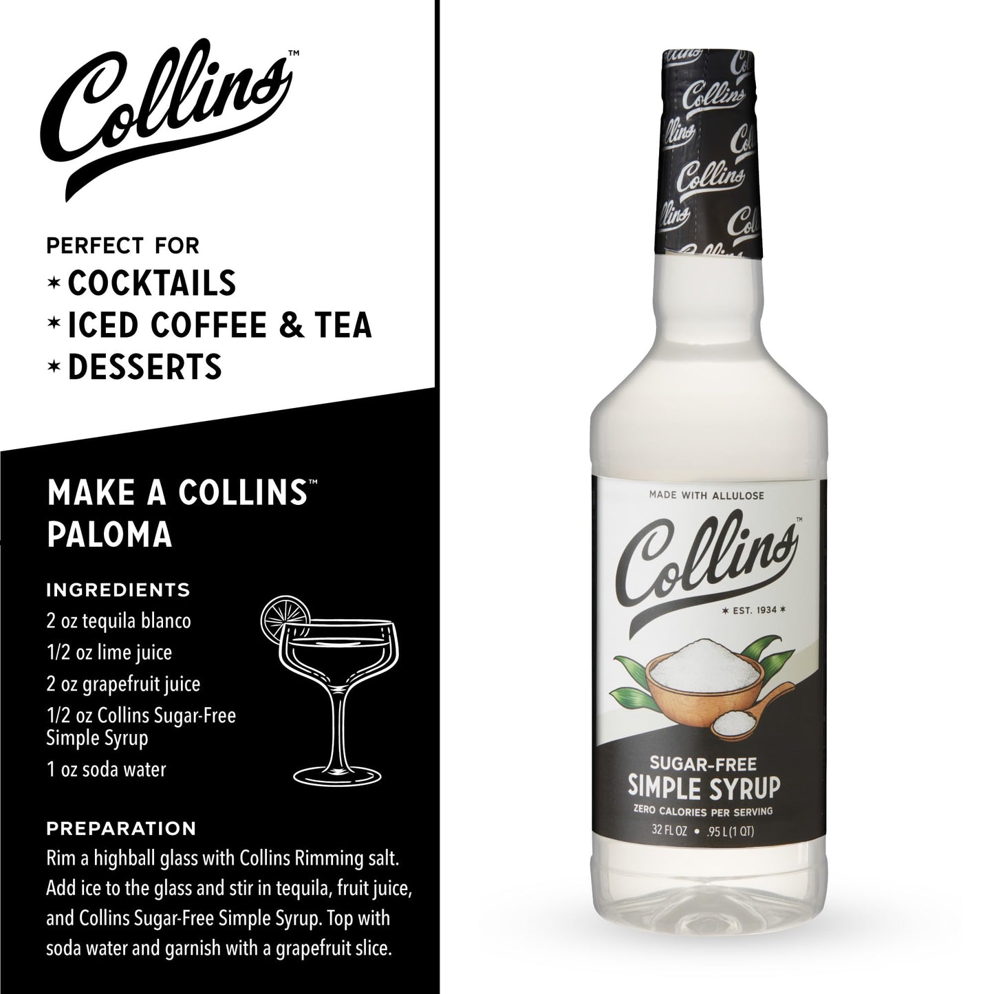 Collins Sugar Free Simple Syrup, Low Carb Cocktail Sweetener, 32 Fl Oz, Allulose Coffee Syrup