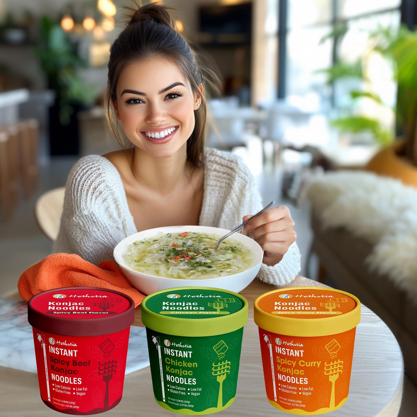 Hethstia Konjac Noodle, 6-Pack Pre-cooked Low Carb Shirataki Pho Soup Variety Flavor (Chicken, Spicy Curry, Spicy Beef)- Low-Cal
