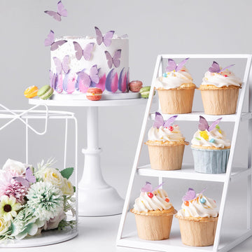 50Pcs Edible Purple Butterfly Cupcake Toppers Edible Wafer Paper Butterfly Decorations For Women Girls' Happy Birthday Cake Topp