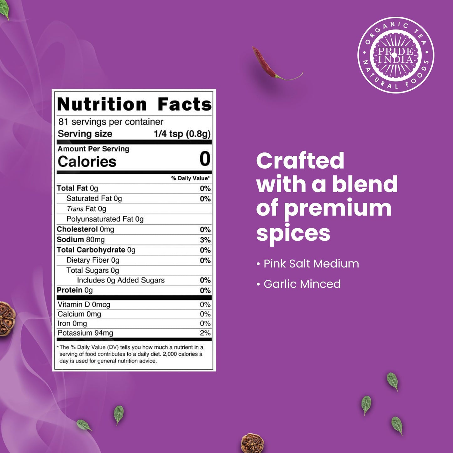 Pride Of India Garlic Salt with Grinder Cap, 2.3 oz, Non-Bioengineered, Vegan, Gluten Free, Savory for Meats & Vegetables
