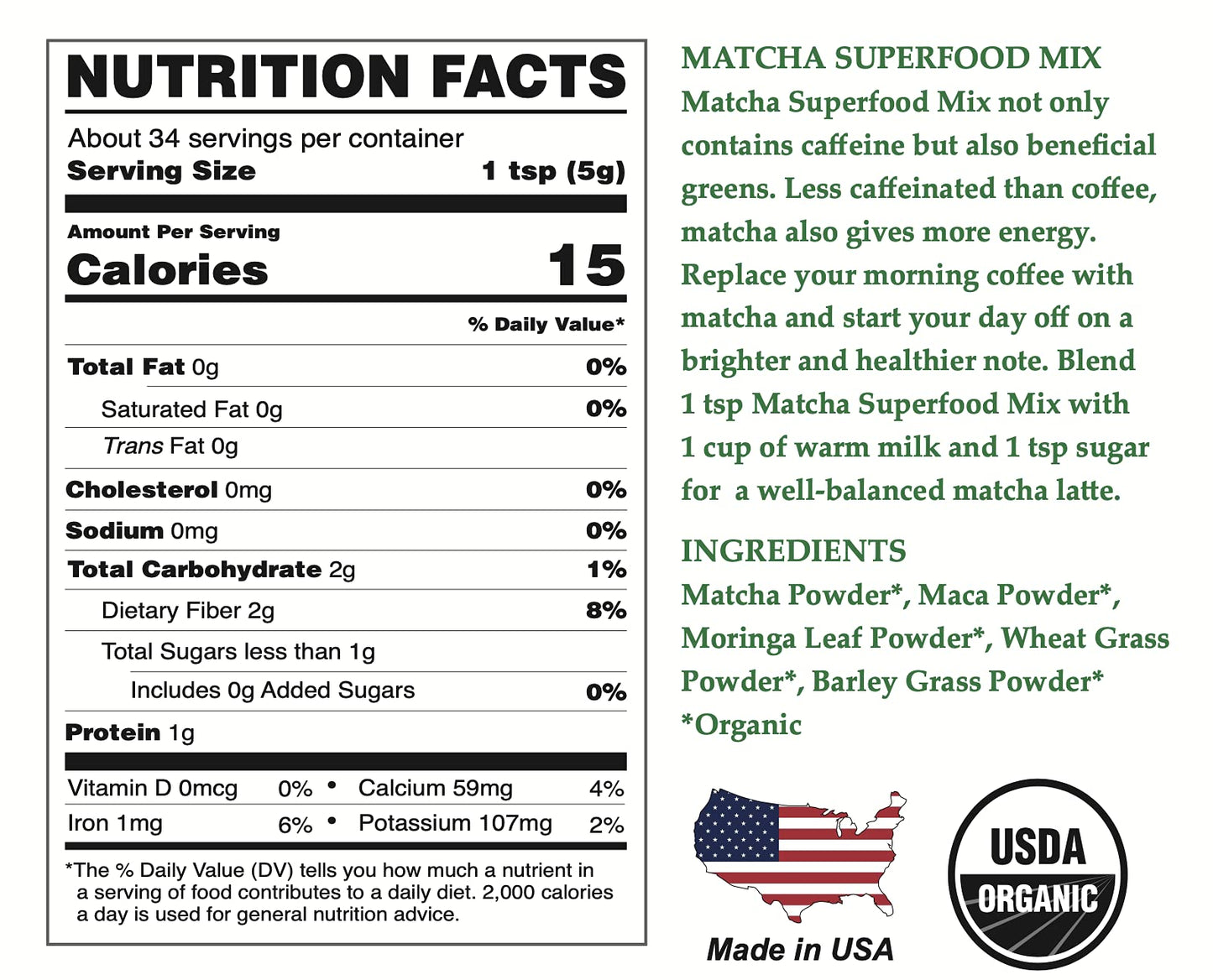 Chérie Sweet Heart Matcha Powder Green Superfood Mix, Organic, 6oz (34 Servings), Non-GMO, Plant-Based Energy Drink Mix