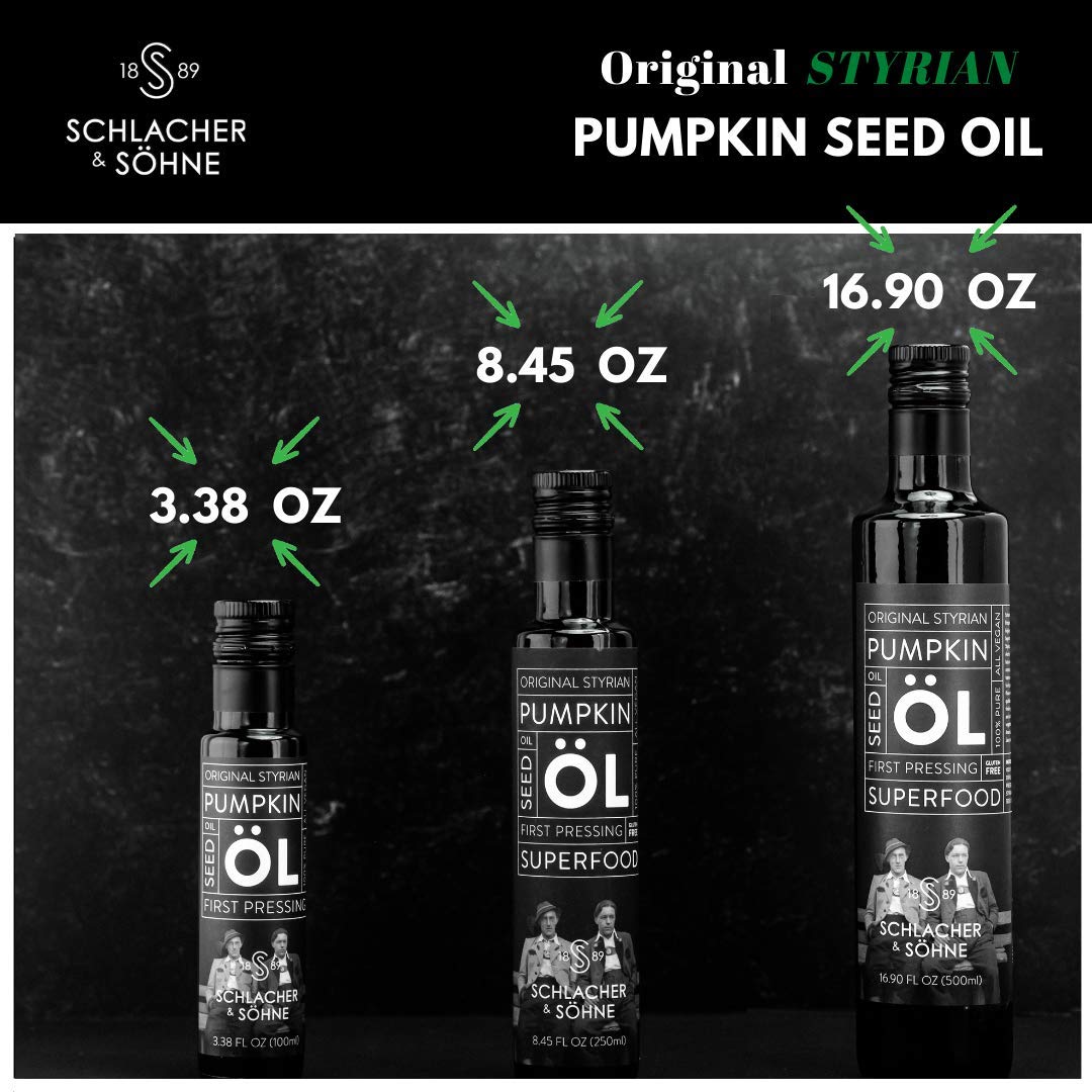 S SCHLACHER & SÖHNE Styrian Pumpkin Seed Oil, 100% Pure, Cold Pressed, 3.38 Fl Oz, Vegan, Non-GMO, Gluten Free,