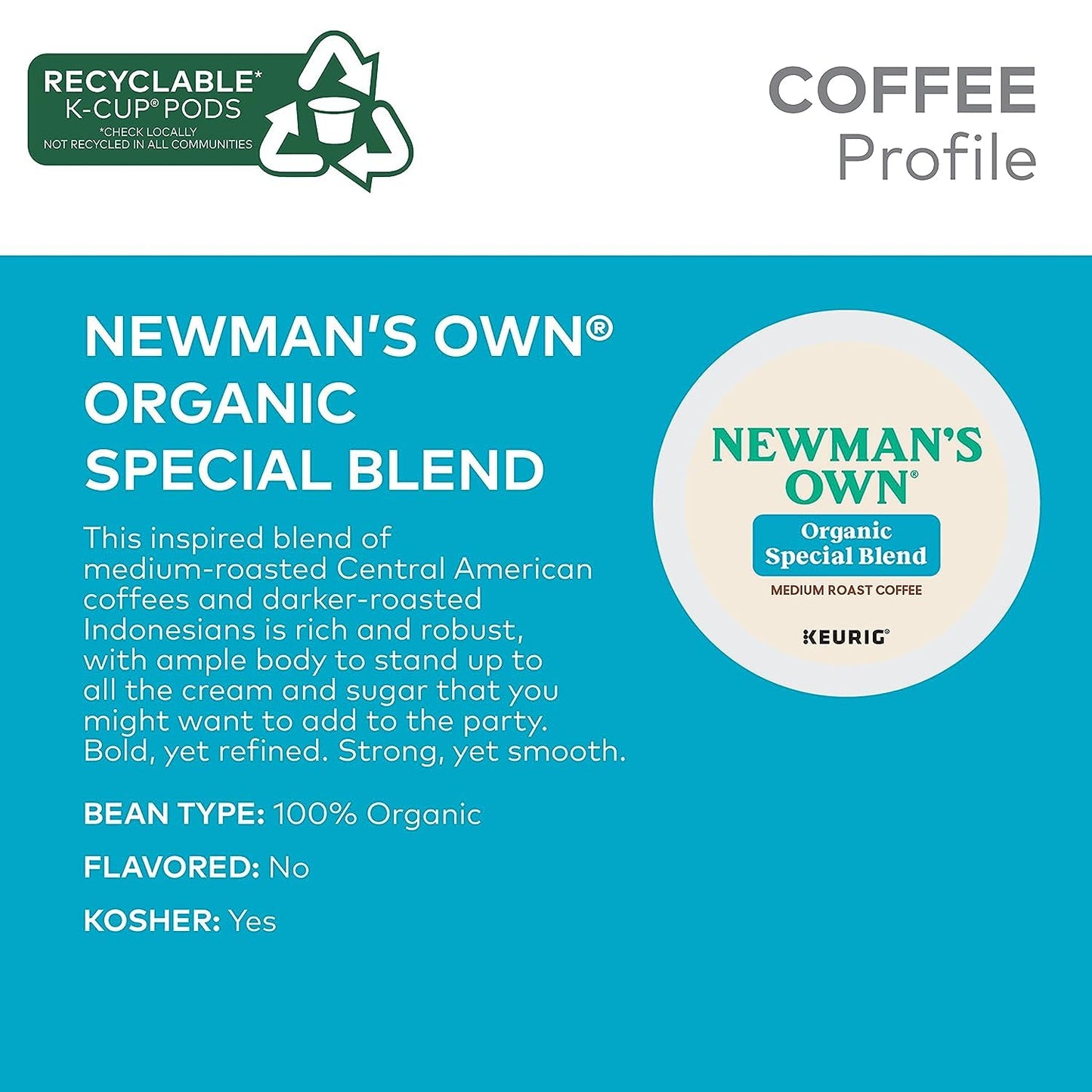 Keurig Newmans Own Organics Special Blend Extra Bold Coffee K-Cups, 18 Count, White, Model 00050