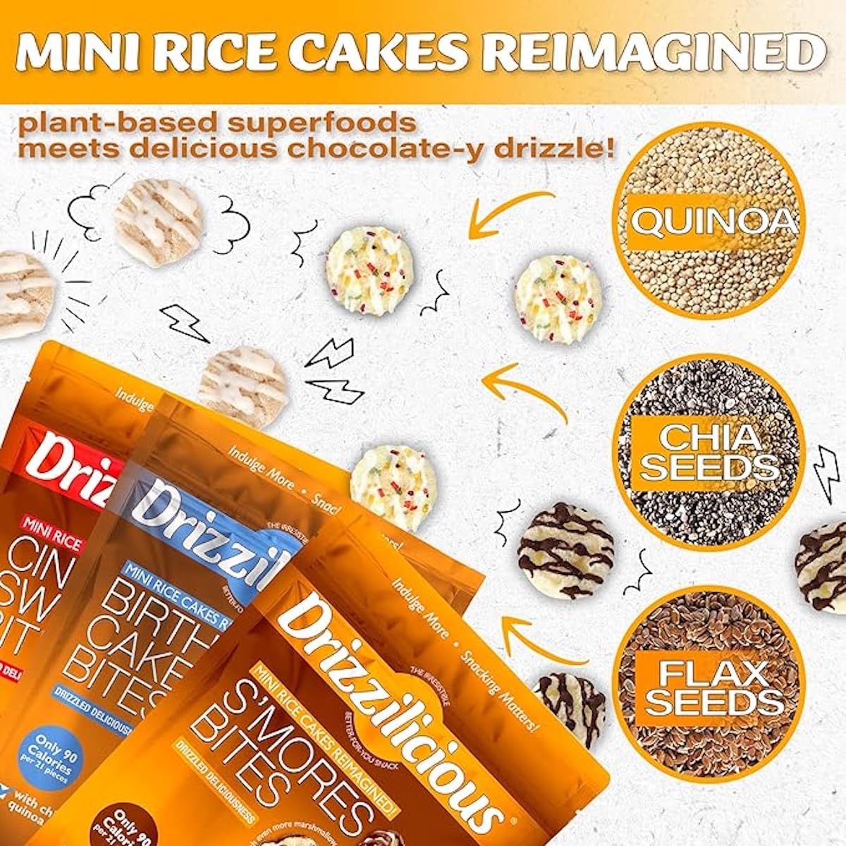 Drizzilicious Mini Rice Cakes Variety Pack - SMores, Cinnamon Swirl, Birthday Cake - Rice Crisps, Healthy Snack for Adults and