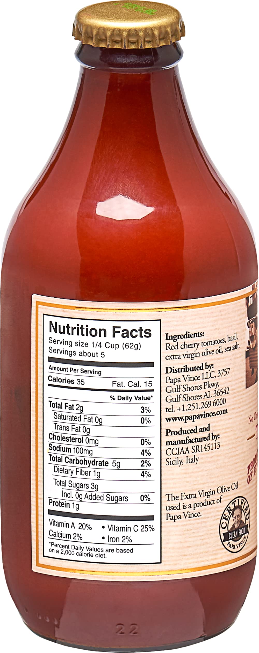 Papa Vince Pasta Tomato Sauce: Low Acid Garlic-Free Formula, Low Sodium, No Onion No Added Sugars. Non-Gmo Gluten Free. Organic